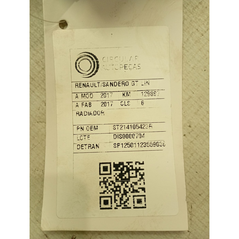 RADIADOR RENAULT SANDERO GT LINE HI-POWER 1.6 2017
