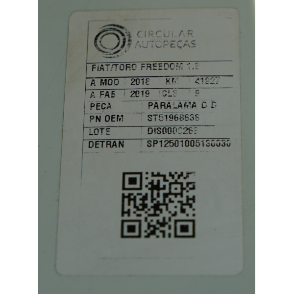 PARALAMA DIANT ESQUERDO BRANCO FIAT TORO FREEDOM 1.8 2018/19