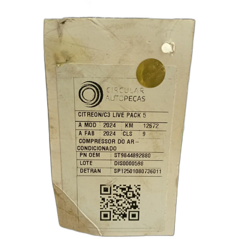 COMPRESSOR AR-CONDICIONADO CITROEN C3 LIVE PACK 1.0 2024