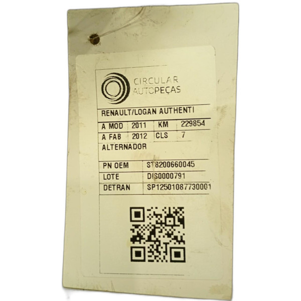 ALTERNADOR RENAULT LOGAN AUTHENTIQUE HI-FLEX 1.0 16V 2011/12