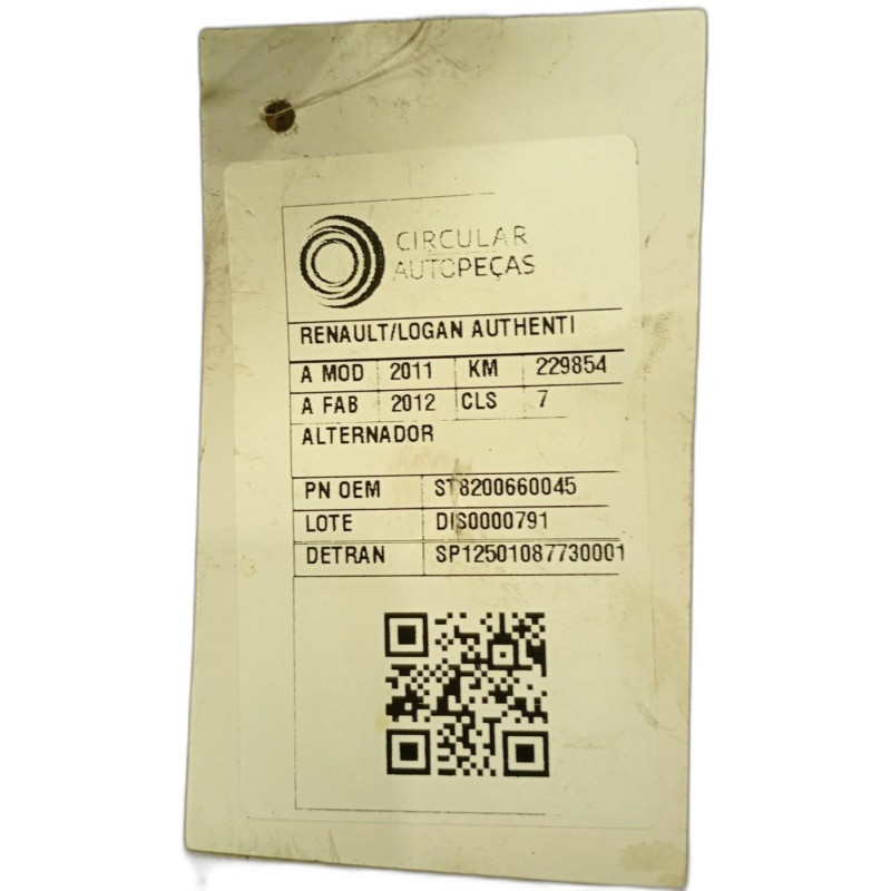 ALTERNADOR RENAULT LOGAN AUTHENTIQUE HI-FLEX 1.0 16V 2011/12