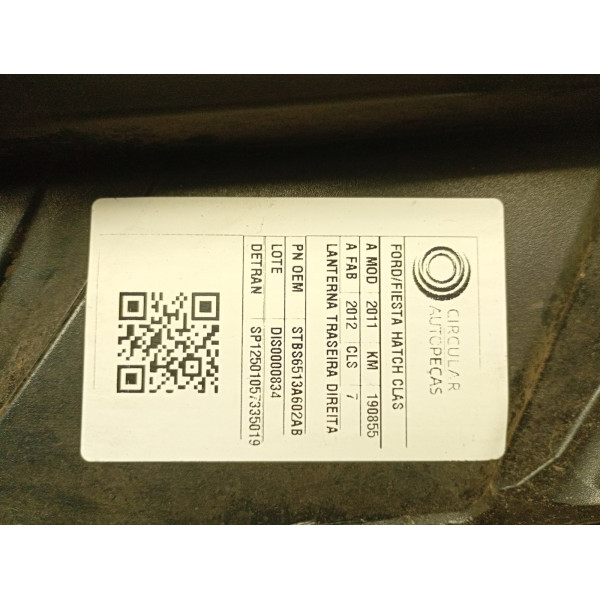 LANTERNA TRASEIRA DIREITA FORD FIESTA 1.0 8V FLEX 11/12
