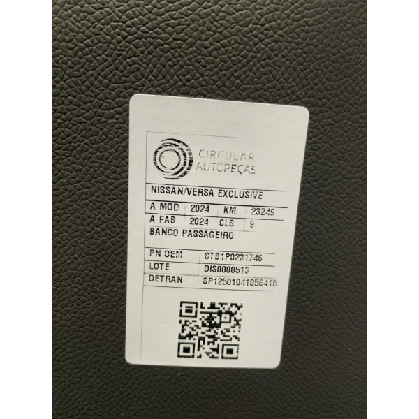 BANCO DO PASSAGEIRO NISSAN VERSA EXCLUSIVE 16V 2024