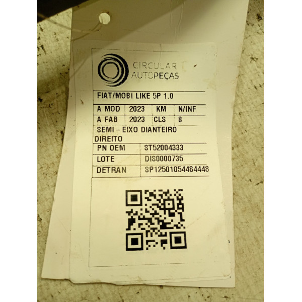 SEMI-EIXO DIANTEIRO DIREITO FIAT MOBI LIKE 1.0 FLEX 2023
